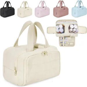 Naturaltly Large Capacity Wide-Open Travel Cosmetic Bag, Humidity Travel Cosmetic Bag, Puffy Cosmetic Makeup Bag Organizer with Handle for women Traveling Cosmetic Bags (White)
