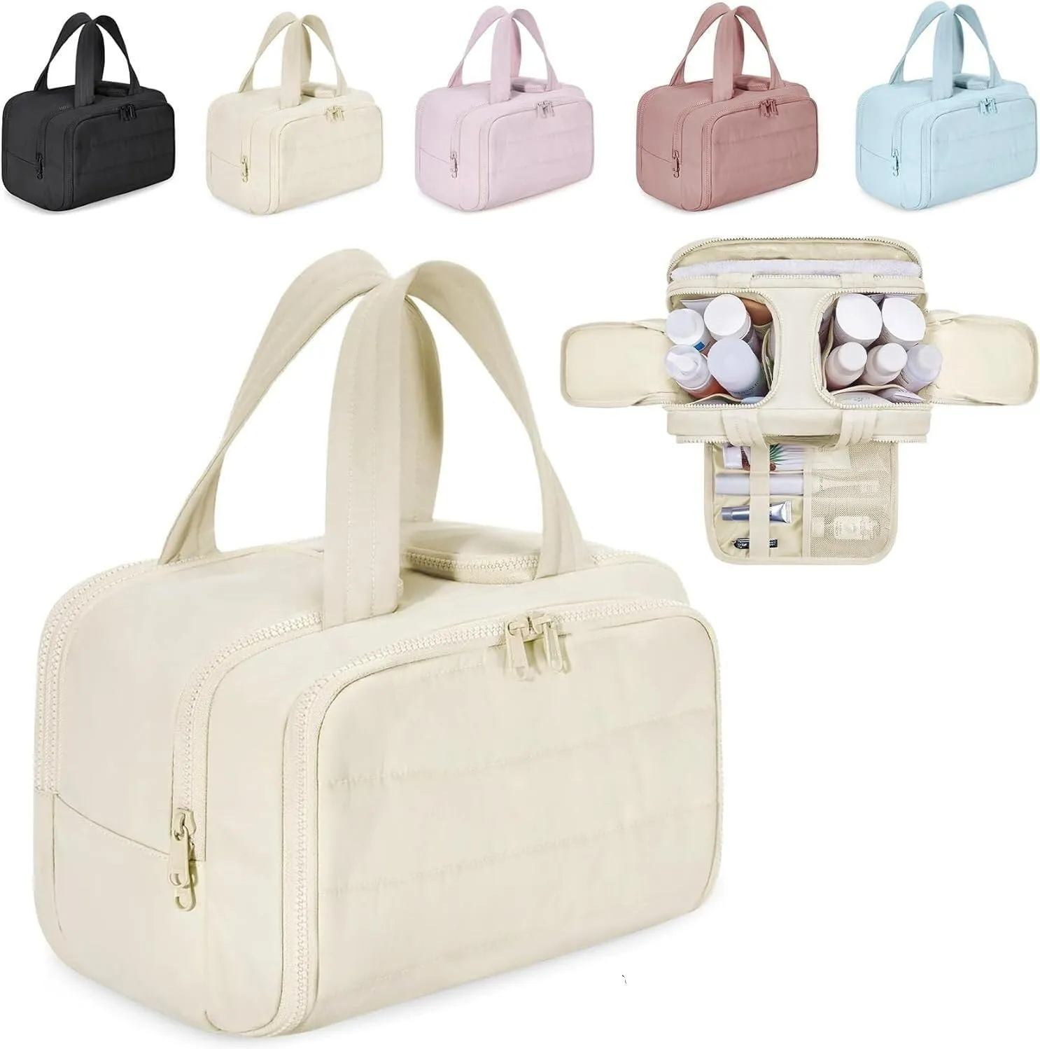 Naturaltly Large Capacity Wide-Open Travel Cosmetic Bag, Humidity Travel Cosmetic Bag, Puffy Cosmetic Makeup Bag Organizer with Handle for women Traveling Cosmetic Bags (White)