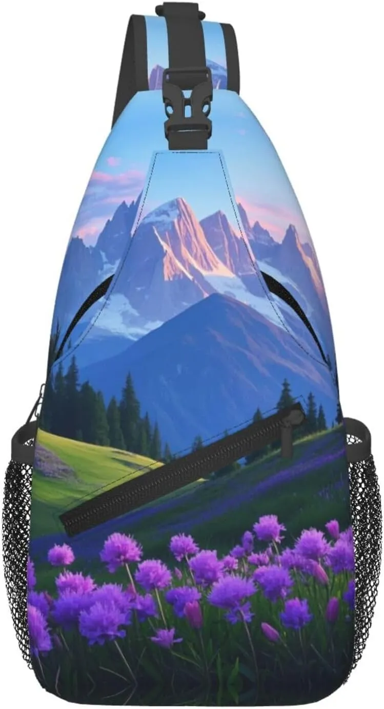 Nature Purple Flowers Meadow Mountain Scenic Print Men's and Women's Crossbody Bags, Casual and Fashionable Single Shoulder Backpacks,Suitable for Hiking Chest Bags