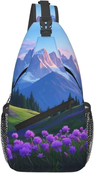Nature Purple Flowers Meadow Mountain Scenic Print Men's and Women's Crossbody Bags, Casual and Fashionable Single Shoulder Backpacks,Suitable for Hiking Chest Bags