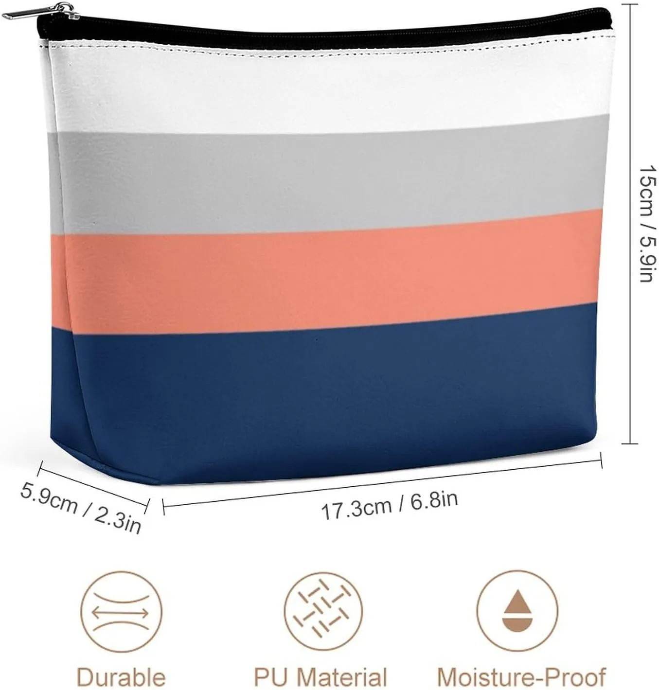 Navy, Gray Coral Stripes Cosmetic Bag, Travel Portable Makeup Bag for Purse Pouch Beauty Zipper Organizer Toiletry Bag for Women