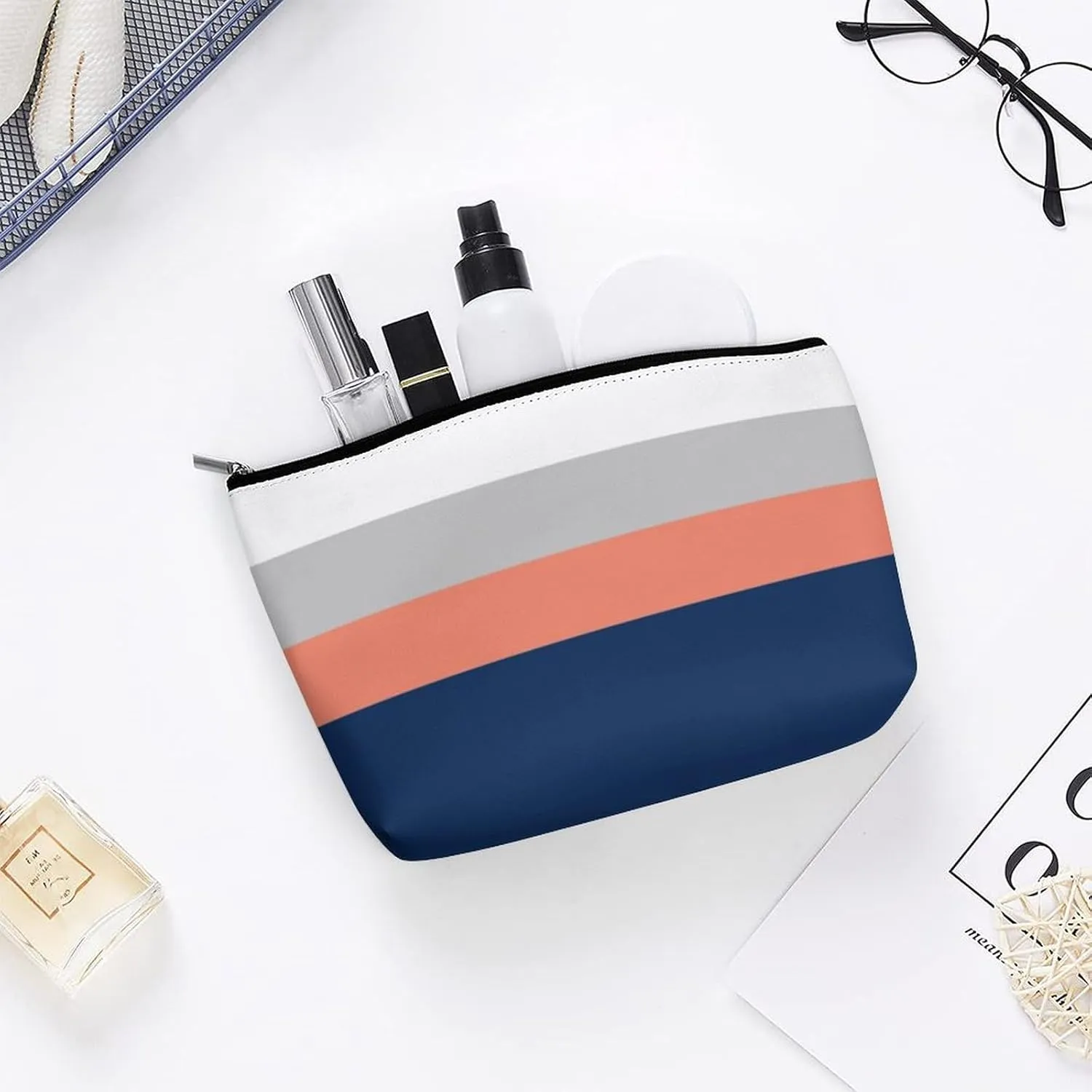 Navy, Gray Coral Stripes Cosmetic Bag, Travel Portable Makeup Bag for Purse Pouch Beauty Zipper Organizer Toiletry Bag for Women