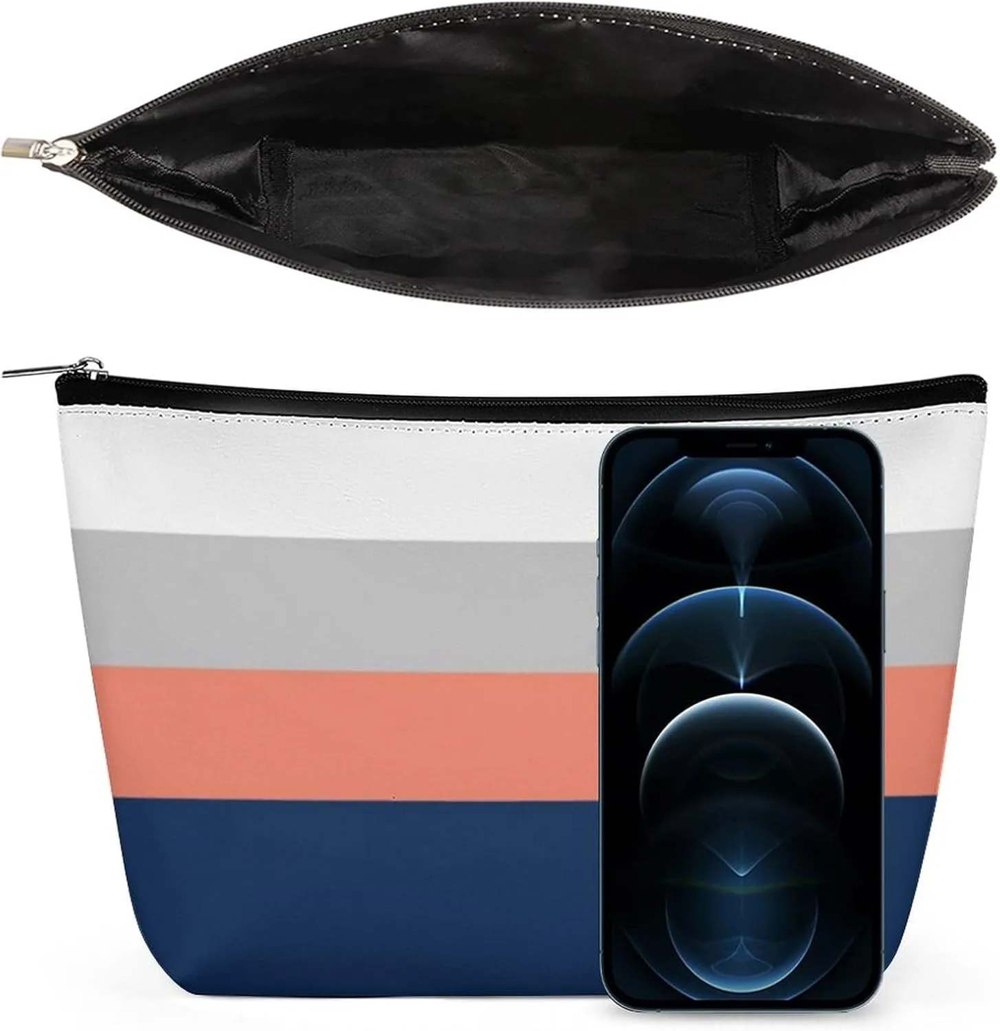 Navy, Gray Coral Stripes Cosmetic Bag, Travel Portable Makeup Bag for Purse Pouch Beauty Zipper Organizer Toiletry Bag for Women