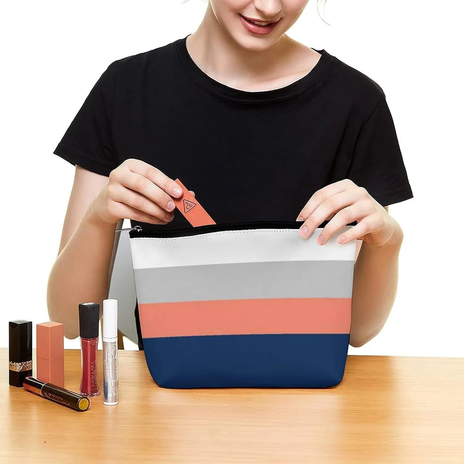 Navy, Gray Coral Stripes Cosmetic Bag, Travel Portable Makeup Bag for Purse Pouch Beauty Zipper Organizer Toiletry Bag for Women