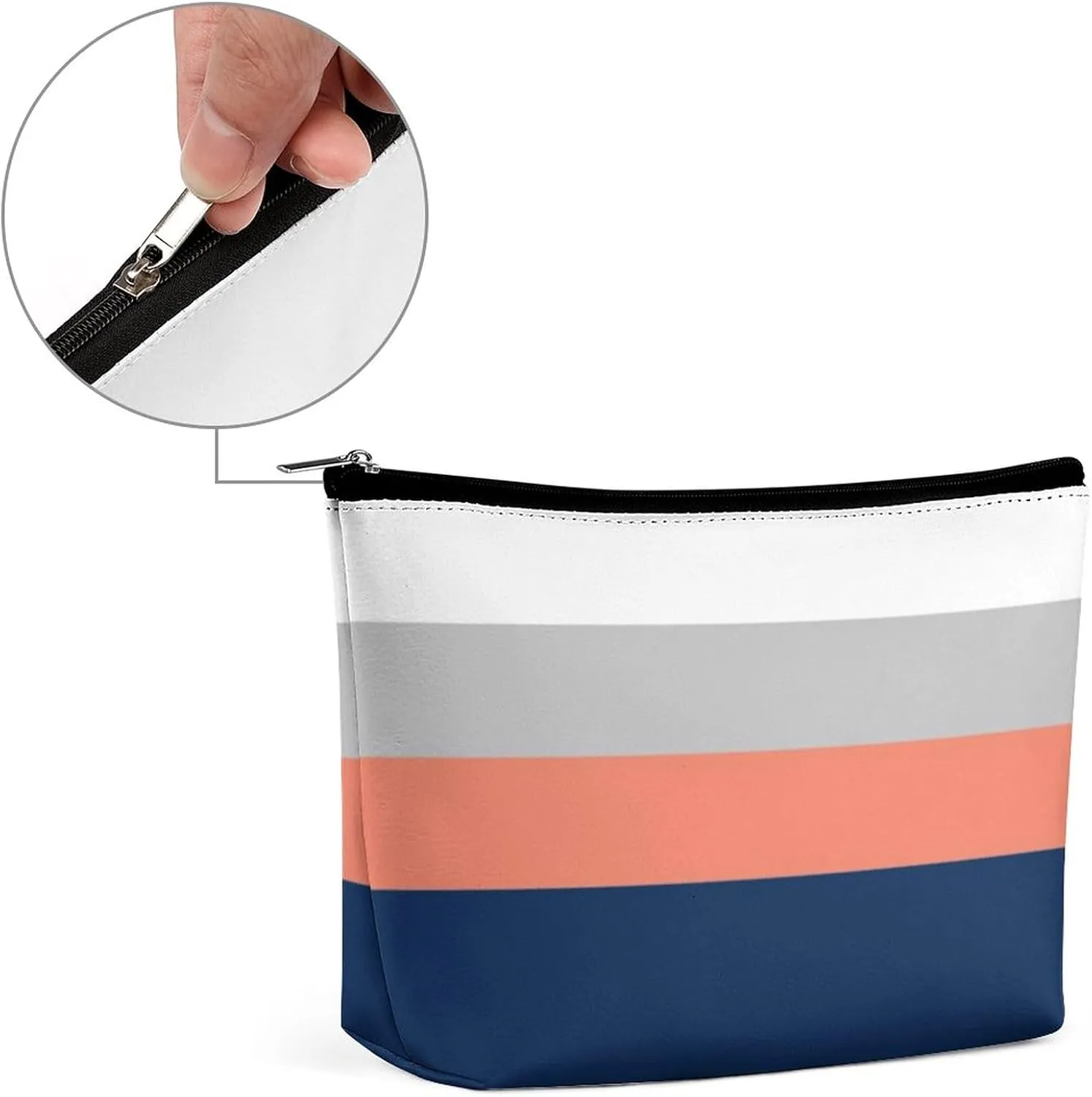 Navy, Gray Coral Stripes Cosmetic Bag, Travel Portable Makeup Bag for Purse Pouch Beauty Zipper Organizer Toiletry Bag for Women