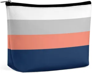 Navy, Gray Coral Stripes Cosmetic Bag, Travel Portable Makeup Bag for Purse Pouch Beauty Zipper Organizer Toiletry Bag for Women