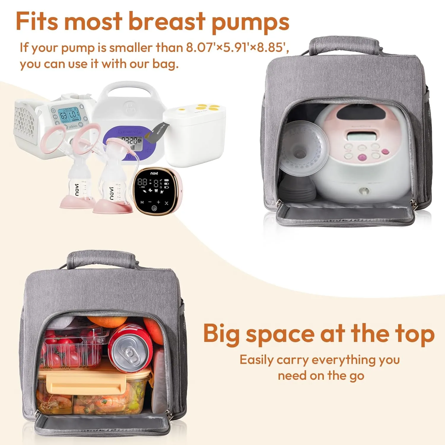NCVI Breast Pump Bag, Double Layer Removable Pump Bag for Spectra S1, S2, Medela, Breast Pump Backpack with Ice Pack, Insulated Breast Milk Cooler Travel Bag for Working Nursing Moms, Grey