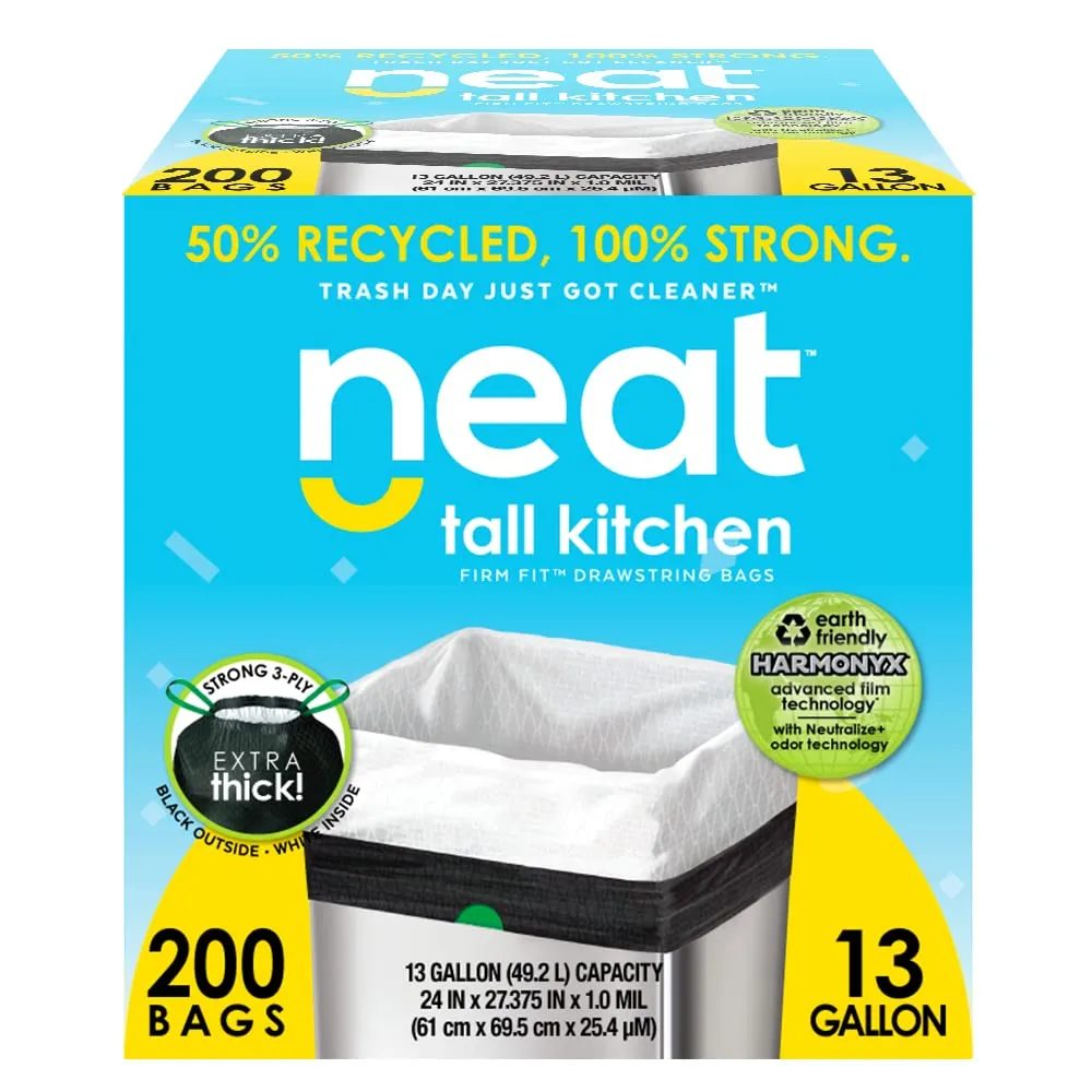Neat Tall Kitchen 13 Gallon Drawstring Trash Bags - (MEGA 200 Count) - Triple Ply Fortified, Eco-Friendly 50% Recycled Material, Neutralize  Odor Technology, Reversible Black and White Garbage Bags
