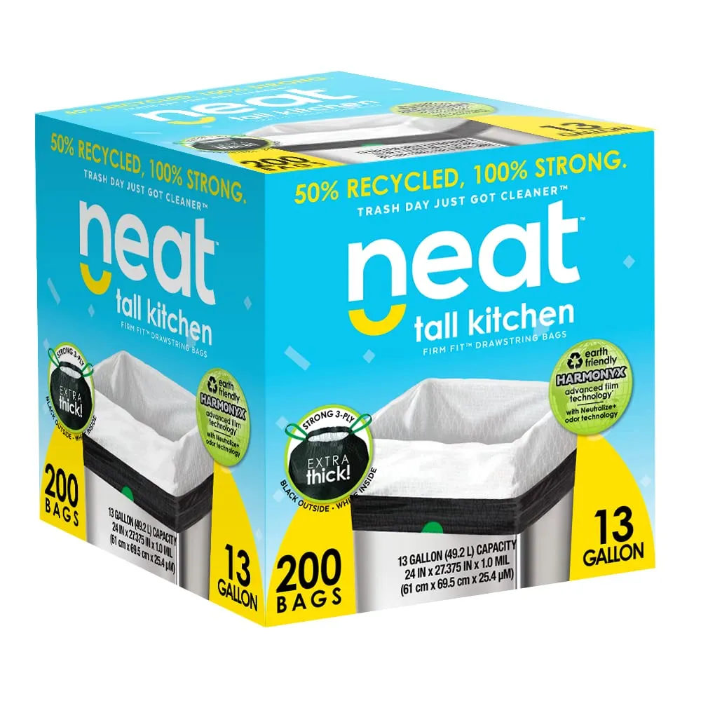 Neat Tall Kitchen 13 Gallon Drawstring Trash Bags - (MEGA 200 Count) - Triple Ply Fortified, Eco-Friendly 50% Recycled Material, Neutralize  Odor Technology, Reversible Black and White Garbage Bags