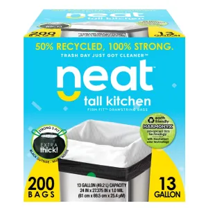 Neat Tall Kitchen 13 Gallon Drawstring Trash Bags - (MEGA 200 Count) - Triple Ply Fortified, Eco-Friendly 50% Recycled Material, Neutralize  Odor Technology, Reversible Black and White Garbage Bags