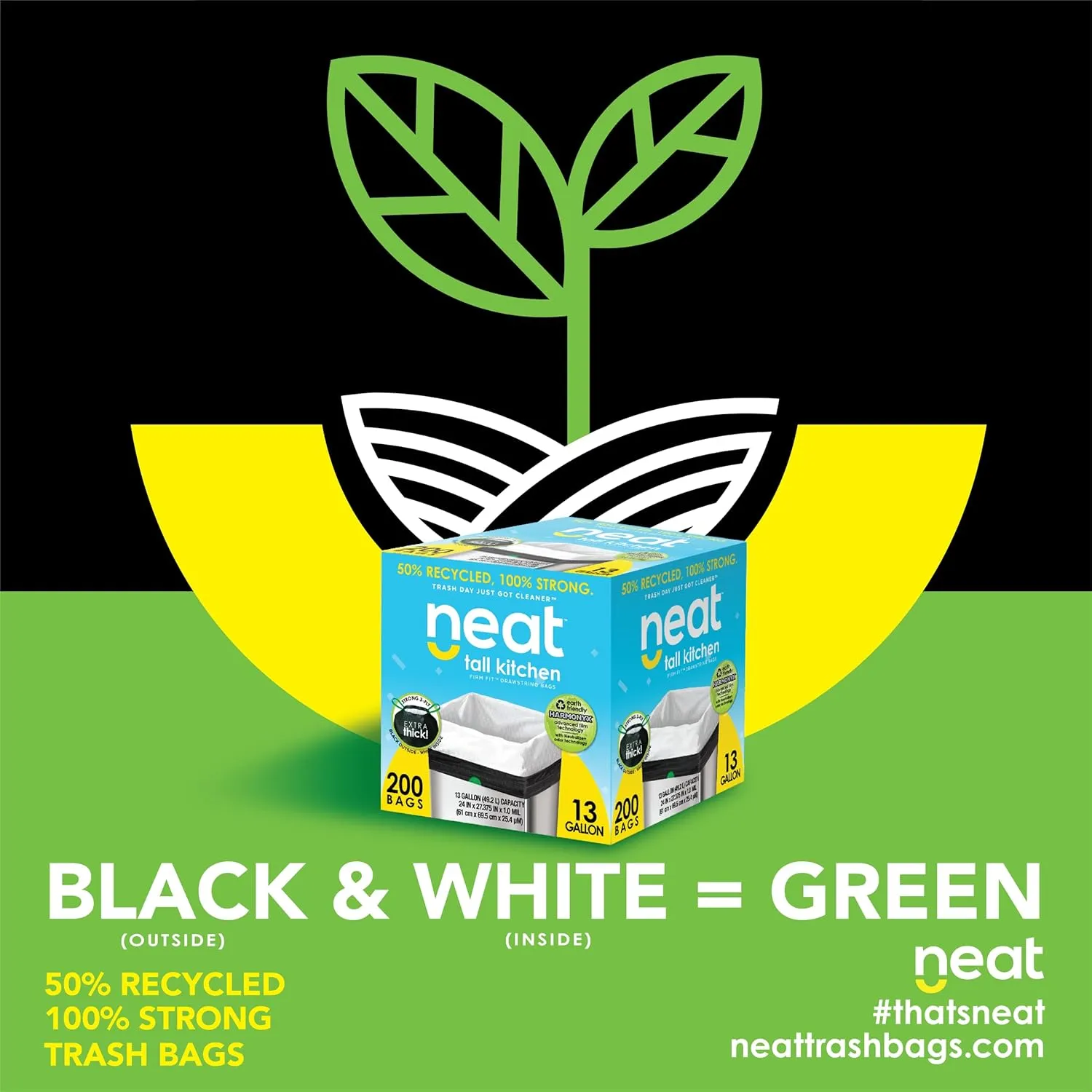 Neat Tall Kitchen 13 Gallon Drawstring Trash Bags - (MEGA 200 Count) - Triple Ply Fortified, Eco-Friendly 50% Recycled Material, Neutralize  Odor Technology, Reversible Black and White Garbage Bags
