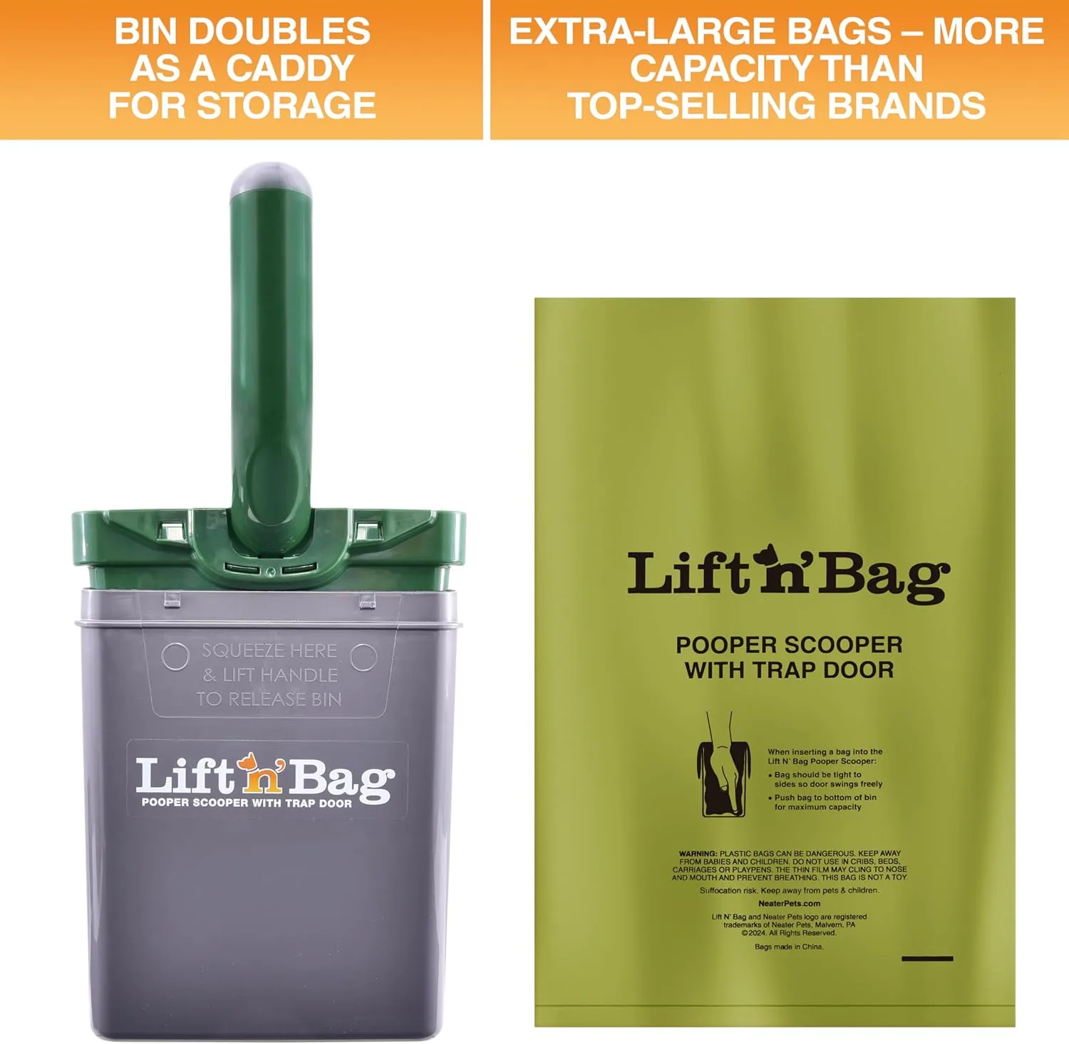 Neater Pets Lift N’ Bag Trap Door Dog Pooper Scooper with Bag Attachment for Small to Large Breeds - 15 Refill Bags - Heavy Duty Dog Poop Scooper for Yard & Walks, One-Handed Operation, Direct to Bag