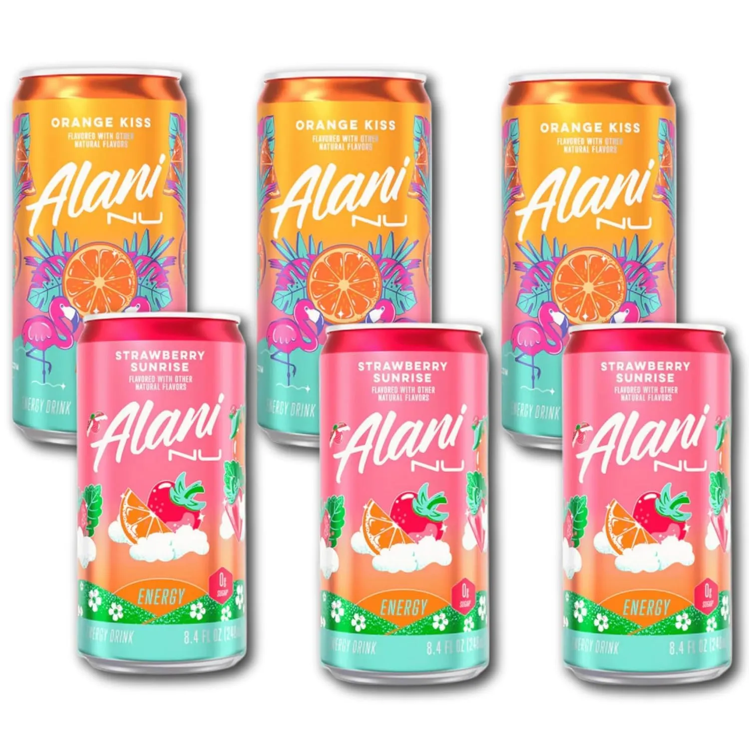 New Alani Mini Energy Drinks, Strawberry Sunrise, Orange Kiss Variety Pack, Sugar Free, Low Calorie, 8.4oz Cans (6 pack)