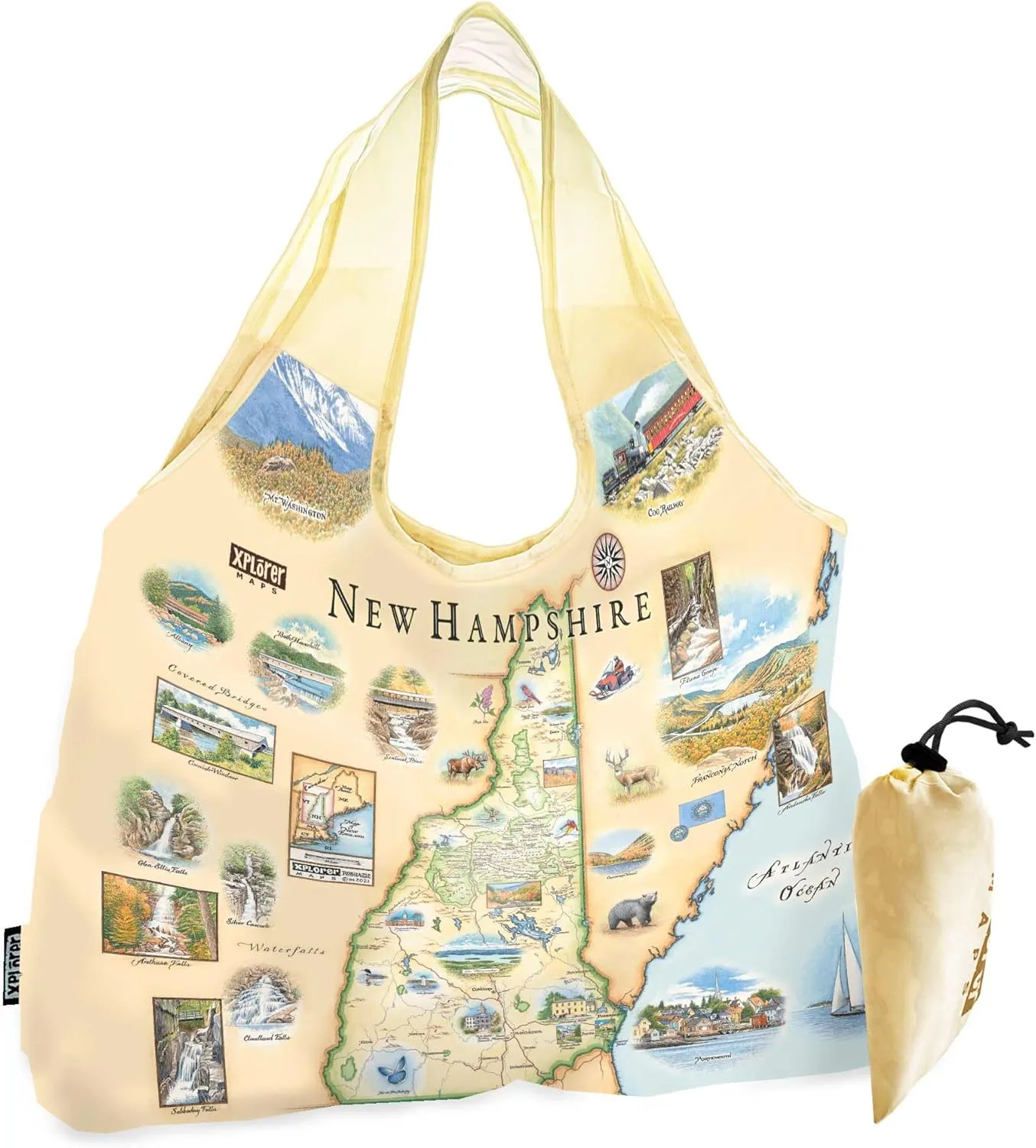 New Hampshire State Map Pouch Tote with Handles – Reusable, Eco-Friendly Grocery Shopping Bag, Foldable Heavy-Duty Nylon, 18" x 25"