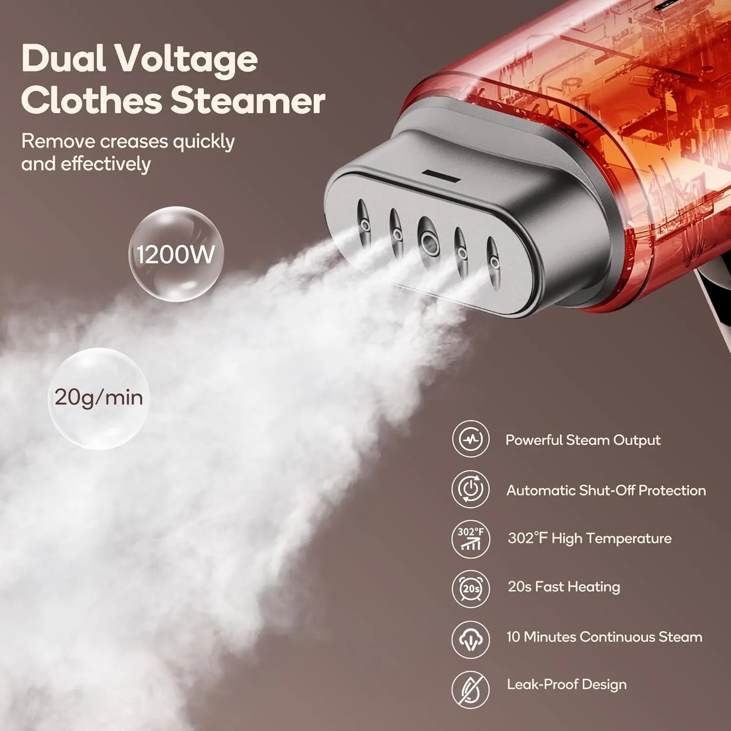 Newbealer Dual Voltage Garment Steamer - 120V/220V, 1200W Powerful Steamer for Clothes, Home & Travel Use, Horizontal & Vertical Steaming, 20s Heat-up, Foldable, 1.72lbs, 180ml (Brown)