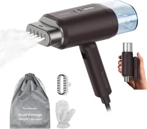 Newbealer Dual Voltage Garment Steamer - 120V/220V, 1200W Powerful Steamer for Clothes, Home & Travel Use, Horizontal & Vertical Steaming, 20s Heat-up, Foldable, 1.72lbs, 180ml (Brown)