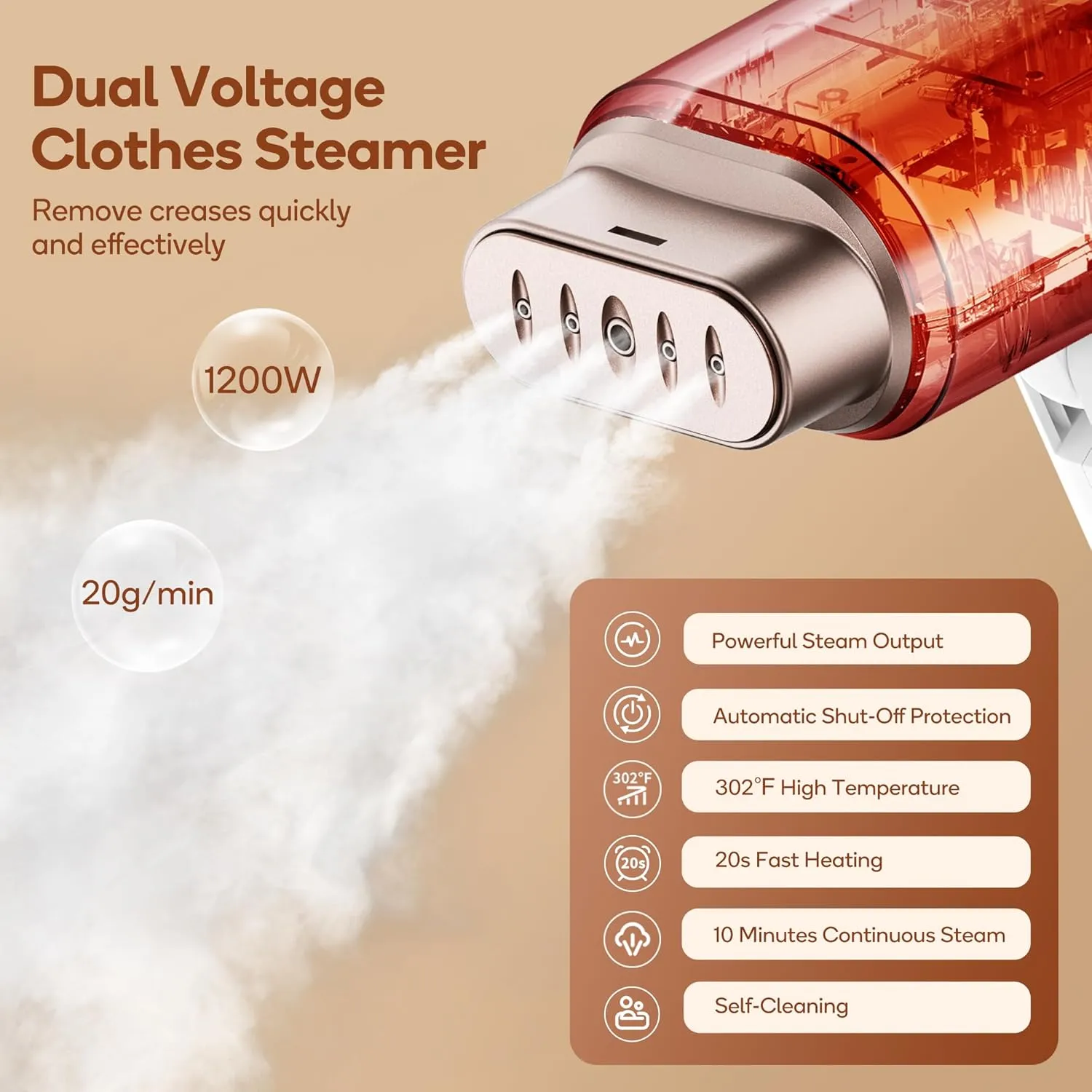 Newbealer Dual Voltage Garment Steamer - 120V/220V, 1200W Powerful Steamer for Clothes, Home & Travel Use, Horizontal & Vertical Steaming, 20s Heat-up, Foldable, 1.72lbs, 180ml (Gold)