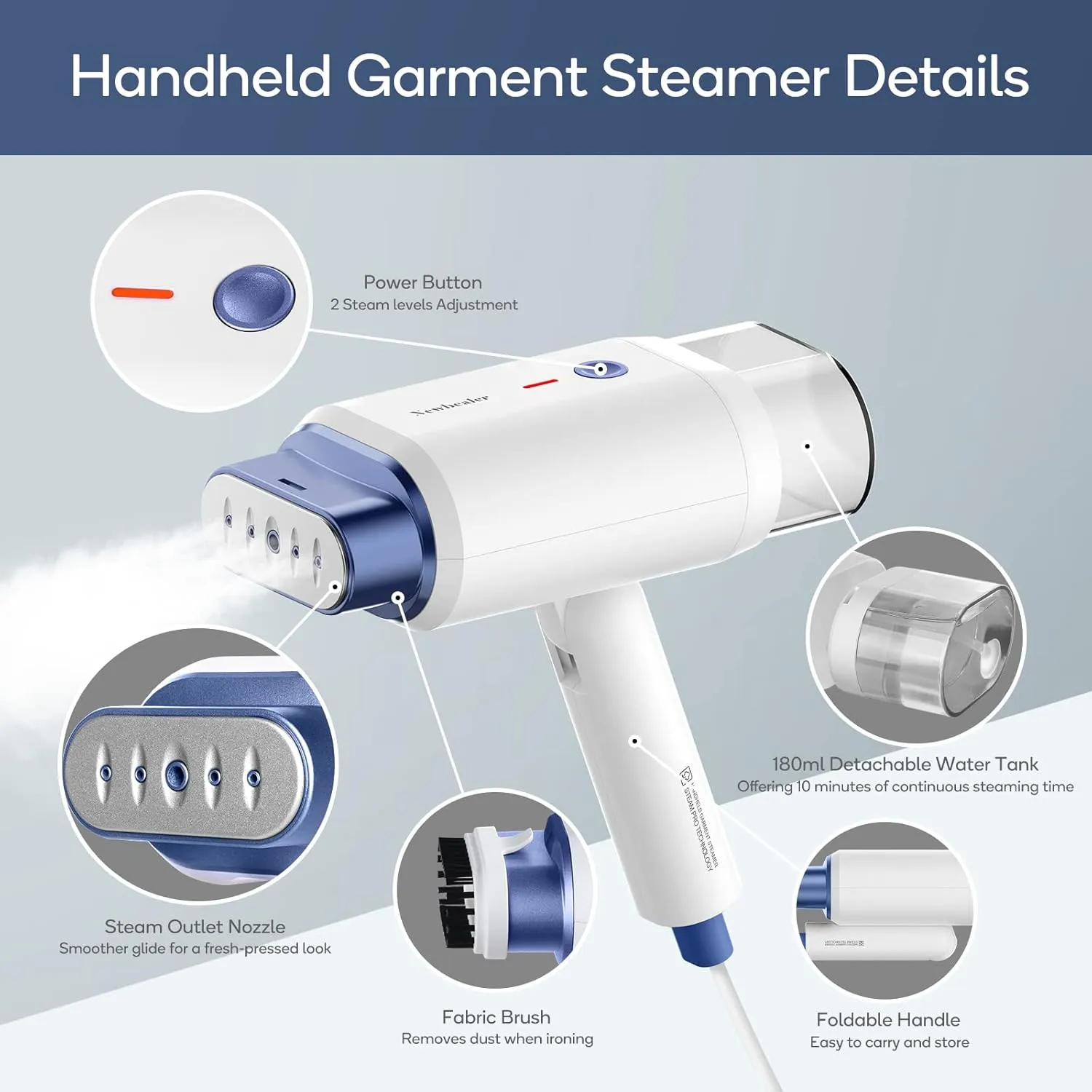 Newbealer Steamer for Clothes, 1200W Travel Steamer with Horizontal & Vertical Steaming, 2 Steam Levels, Dry Ironing, Foldable, 1.5lbs Lightly, 180ml Handheld Fabric Wrinkle Remover (120V Only)