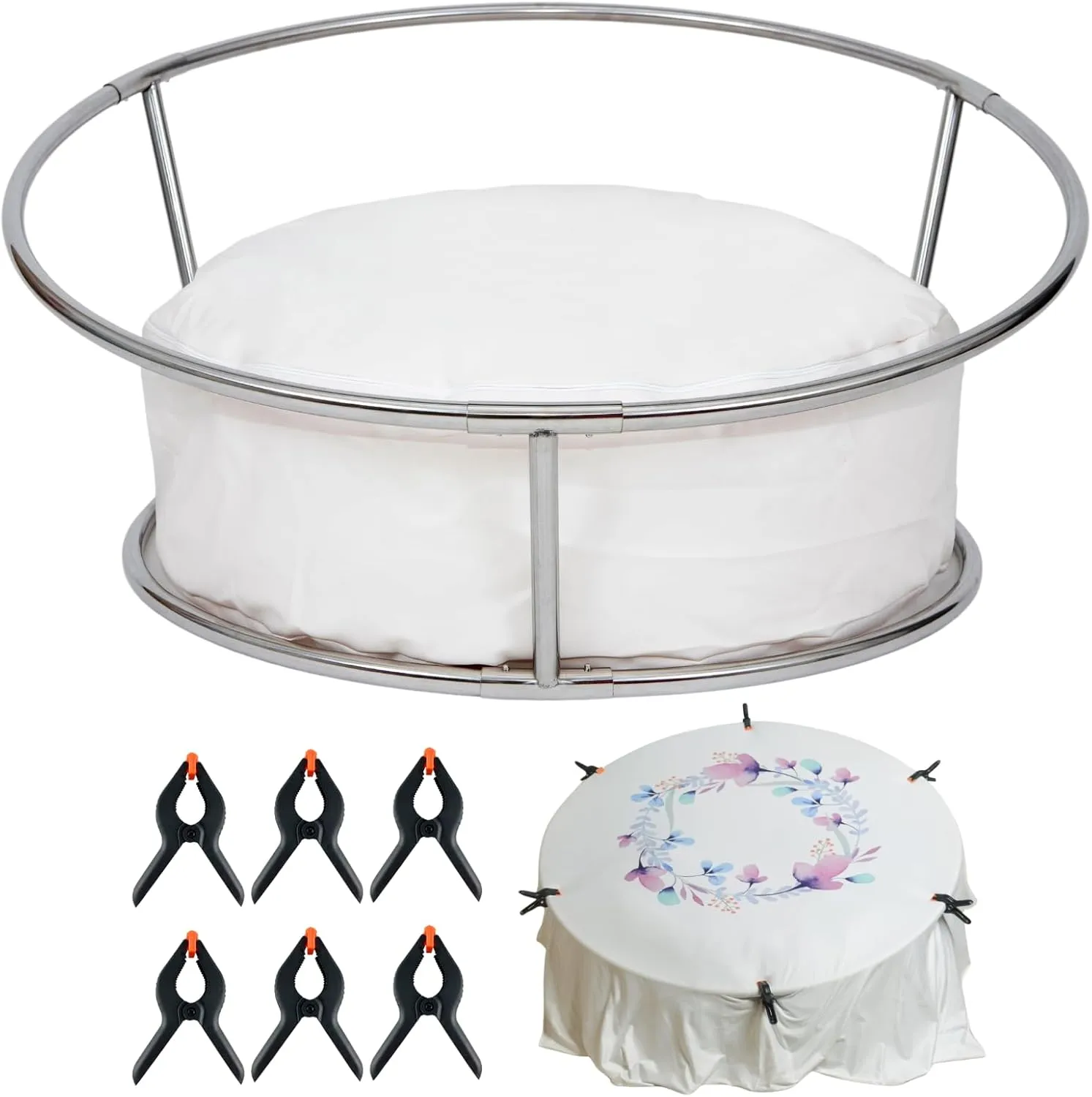 Newborn Posing Table with Beanbag(Unfilled) and 6 Clips Newborn Photography Stand Baby Photoshoot Posing Table Round Backdrop Stand Stainless Steel for Travelling Newborn Photographers/Starter