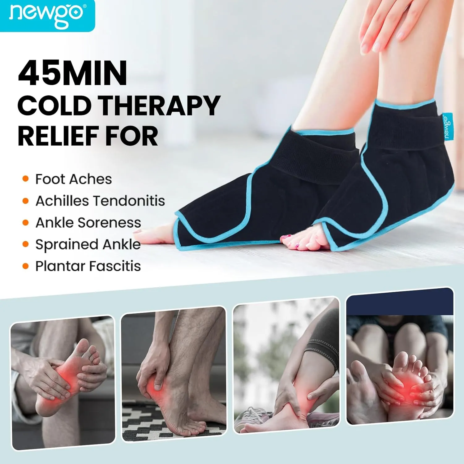 NEWGO Ice Packs Foot Surgery Reusable, Ankle Ice Pack Iced Foot Wrap for Achilles Tendon, Bunion Surgery for Ankle Heel Pain Relief - 2 Packs Black