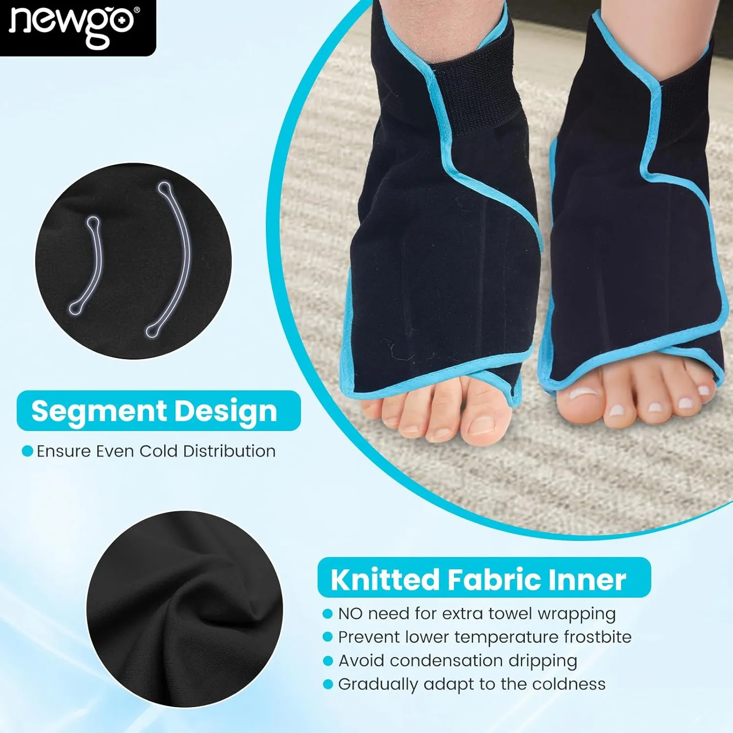 NEWGO Ice Packs Foot Surgery Reusable, Ankle Ice Pack Iced Foot Wrap for Achilles Tendon, Bunion Surgery for Ankle Heel Pain Relief - 2 Packs Black