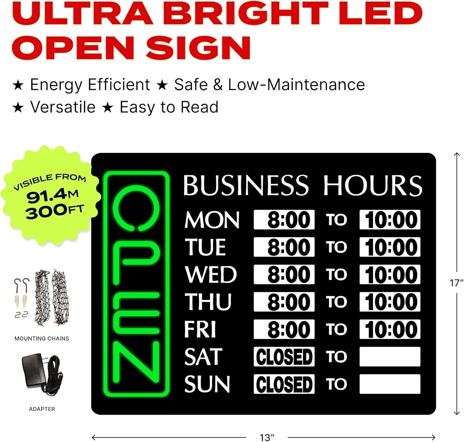 Newon 17" x 13" Horizontal LED Open Sign - Ultra Bright High-Intensity, Easy-Change Business Hours, Thin Profile Design, Neon Lights for Business, Restaurant, Bar, Retail Store