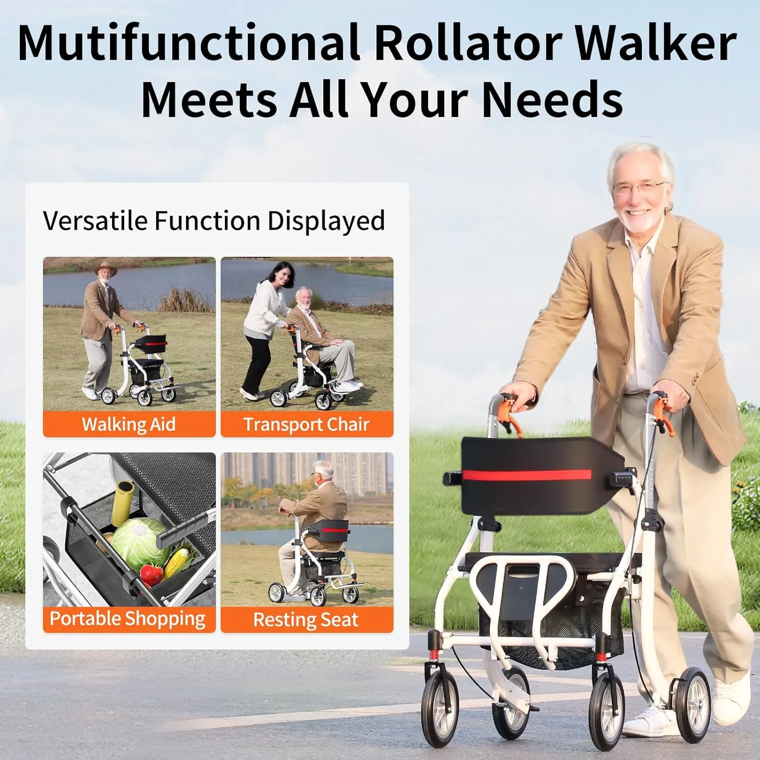 Nihhcune 4-in-1 Mobility Wheelchair Combination, No Installation Design, Walkers for Seniors, Foldable Walker with Seat, Rollator Walker with Durable Aluminum, Ergonomic Design Rolling Walker, White