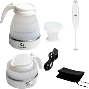 Nikao Home Foldable Electric Kettle Plus Milk Frother and Foldable Cup – Portable Tea Kettle for Travel, Mini Collapsible Water Warmer, Compact Design for Easy Storage and Quick Heating.
