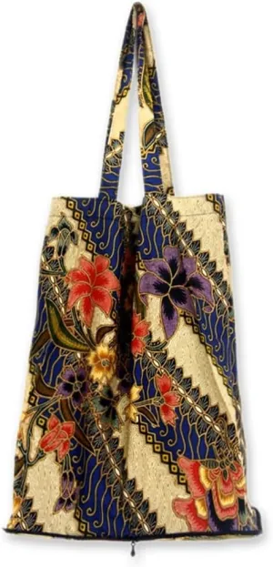 NOVICA Artisan Handmade Cotton Batik Foldable Tote Bag Shopping Multicolor Classic Blue Snorkel Shoulder Patterned Indonesia 'Jogjakarta Legacy'