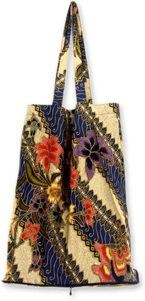 NOVICA Artisan Handmade Cotton Batik Foldable Tote Bag Shopping Multicolor Classic Blue Snorkel Shoulder Patterned Indonesia 'Jogjakarta Legacy'