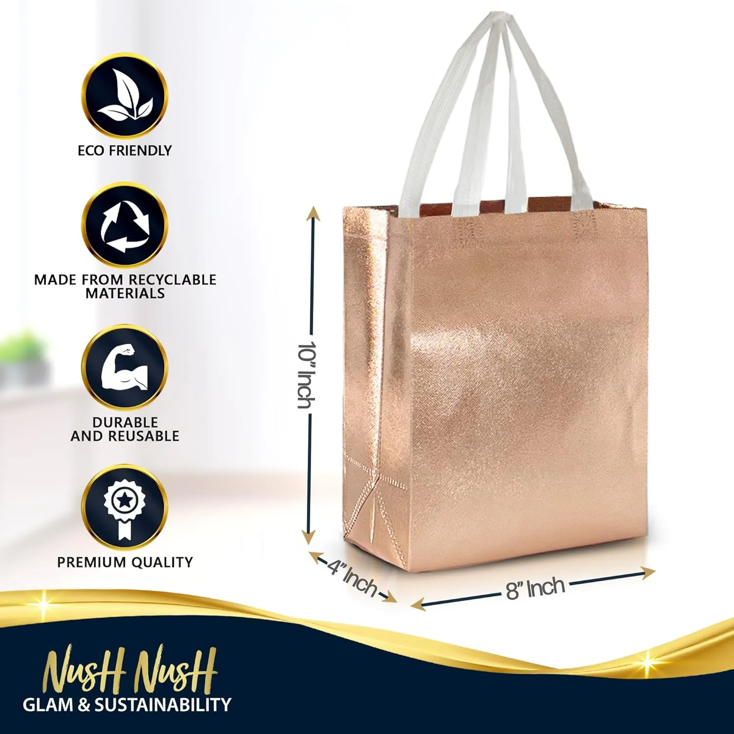 Nush Nush Rose Gold Reusable Gift Bags – Set of 12 Medium Size Gift Bags With Handles – Perfect For Christmas, Birthdays & Parties – 8Wx4Dx10H