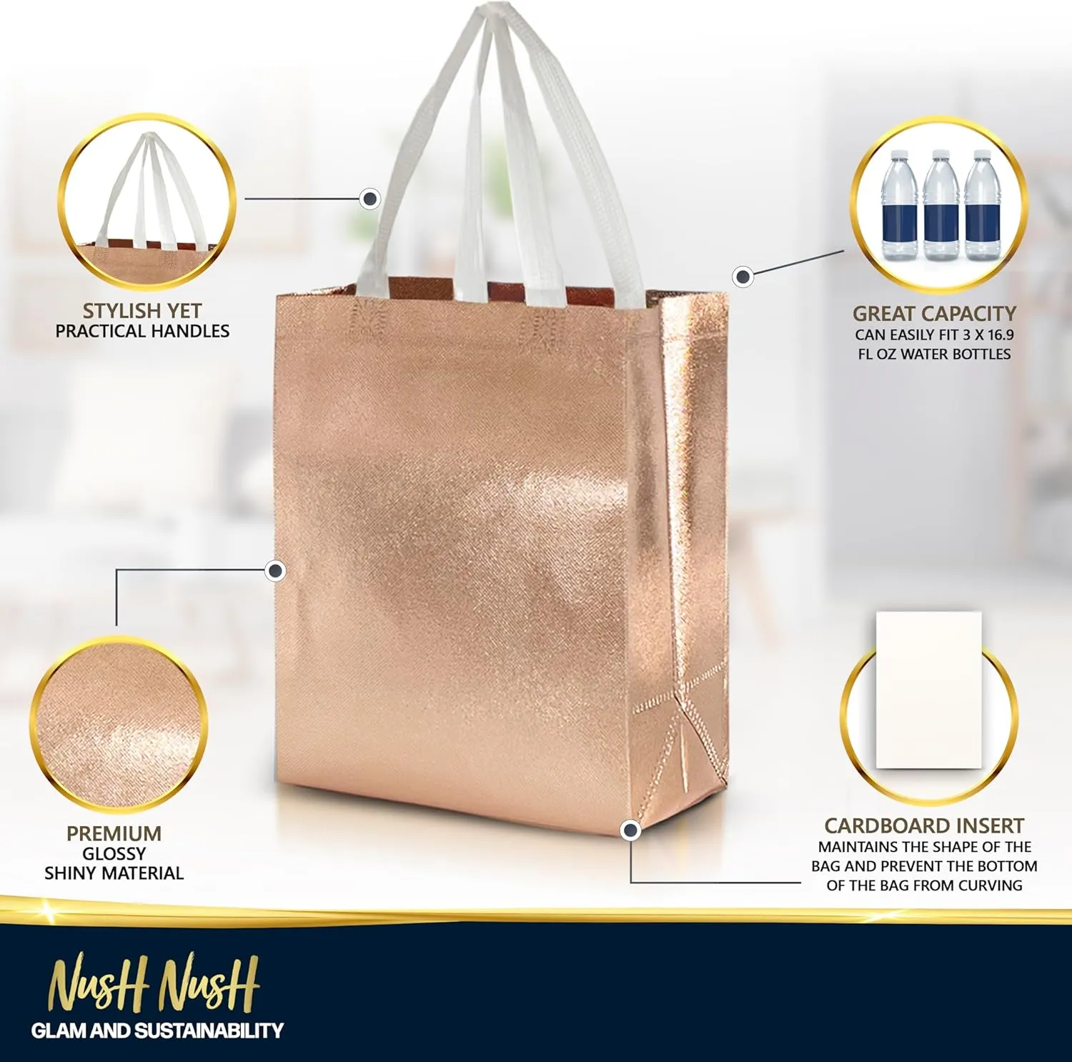 Nush Nush Rose Gold Reusable Gift Bags – Set of 12 Medium Size Gift Bags With Handles – Perfect For Christmas, Birthdays & Parties – 8Wx4Dx10H