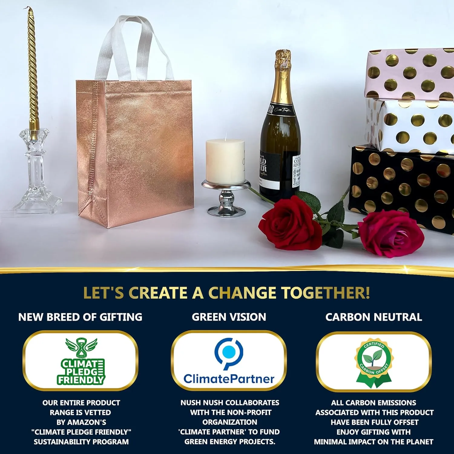 Nush Nush Rose Gold Reusable Gift Bags – Set of 12 Medium Size Gift Bags With Handles – Perfect For Christmas, Birthdays & Parties – 8Wx4Dx10H