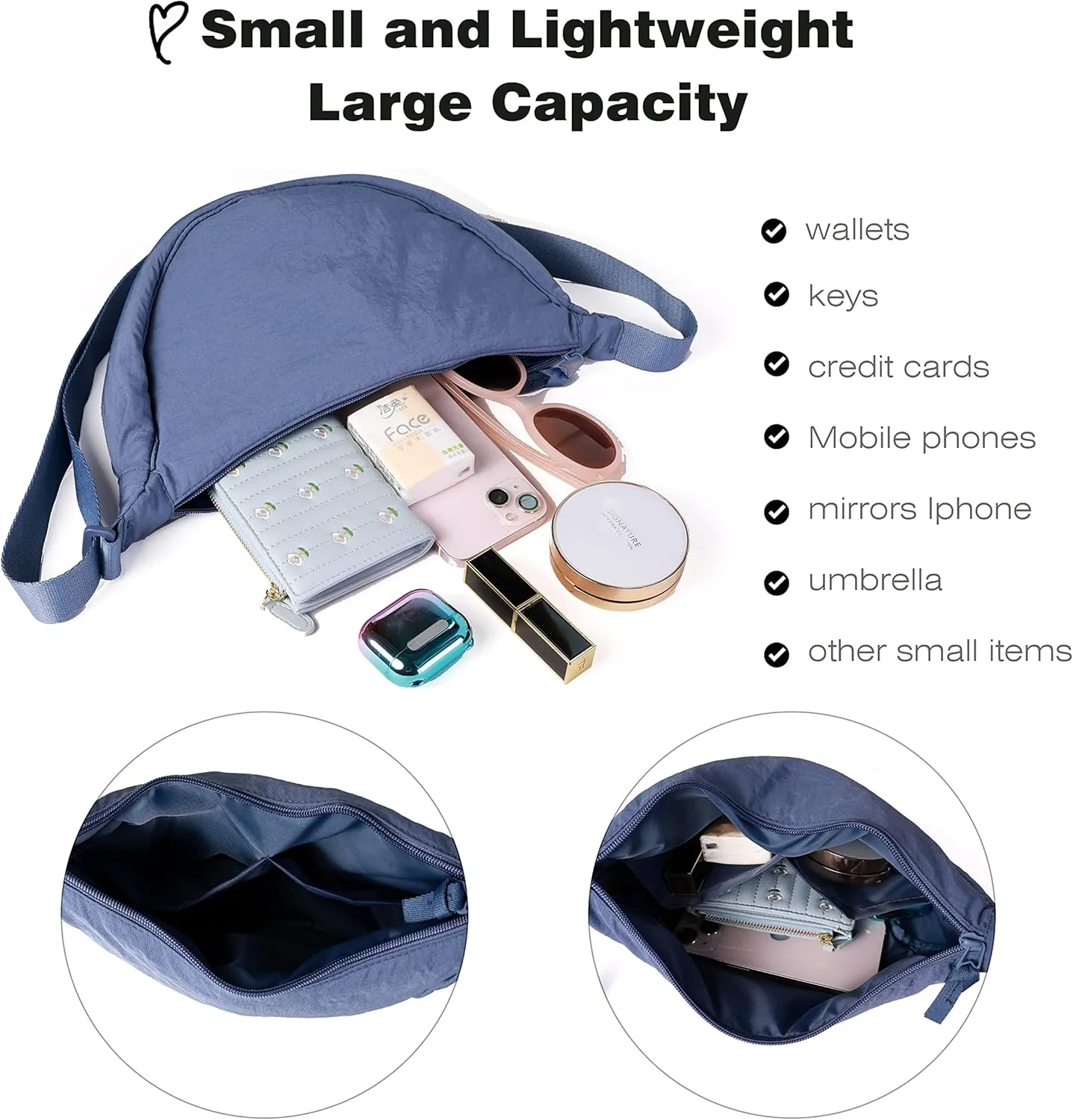 Nylon Crescent Crossbody Bag for Women Men Fanny Pack Crossbody Bag Dumpling Lightweight Travel Sling Bag