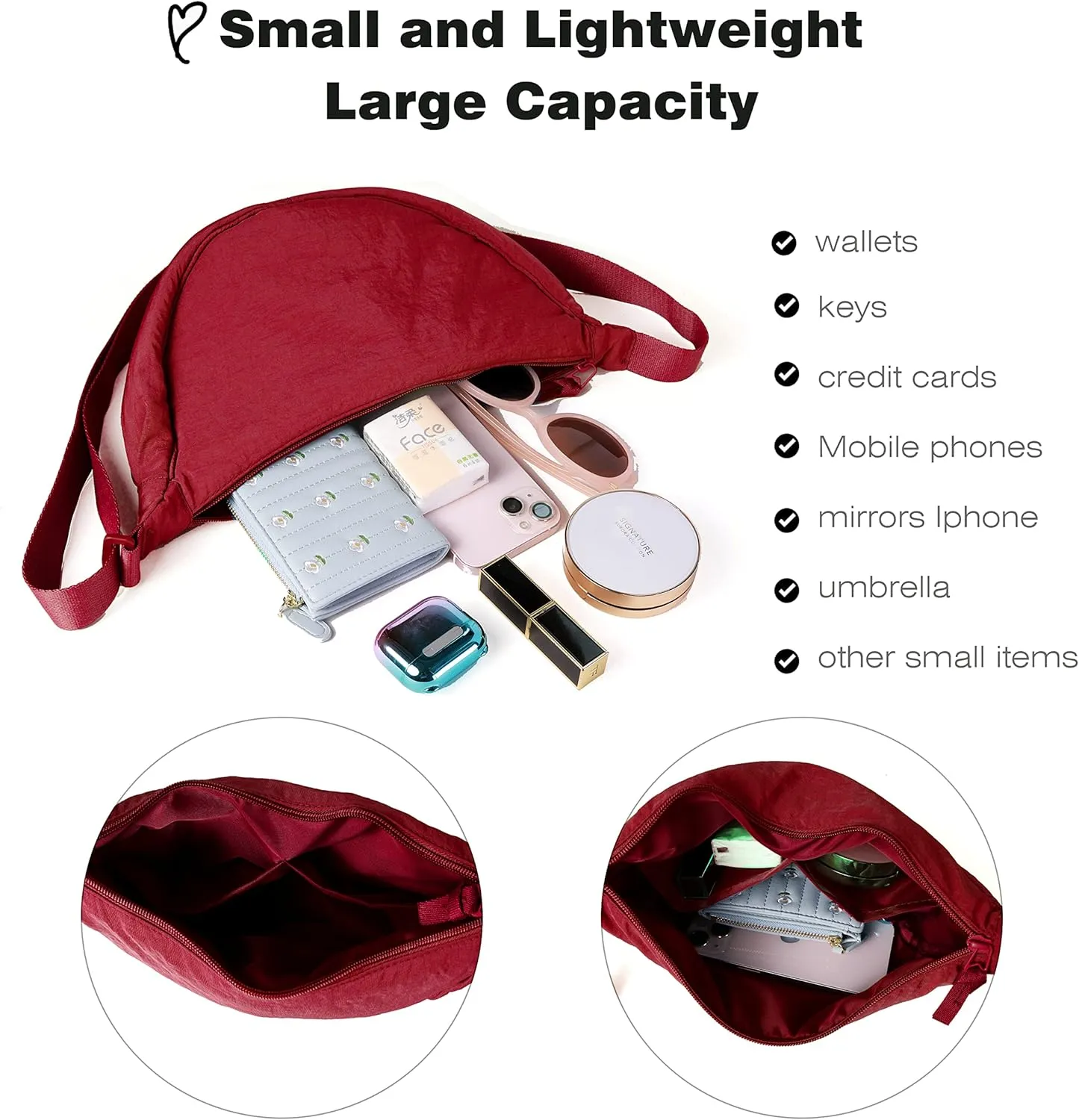Nylon Crescent Crossbody Bag for Women Men Fanny Pack Crossbody Bag Dumpling Lightweight Travel Sling Bag