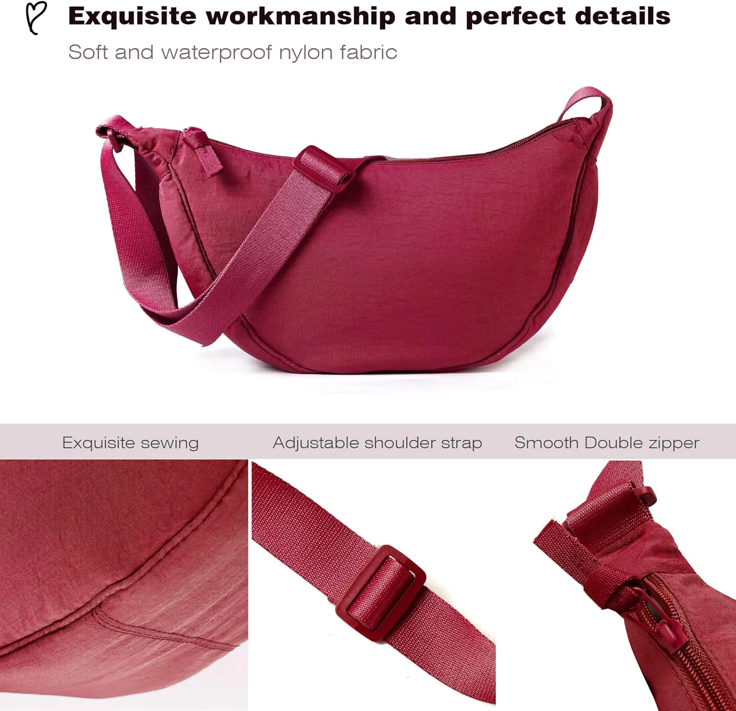 Nylon Crescent Crossbody Bag for Women Men Fanny Pack Crossbody Bag Dumpling Lightweight Travel Sling Bag