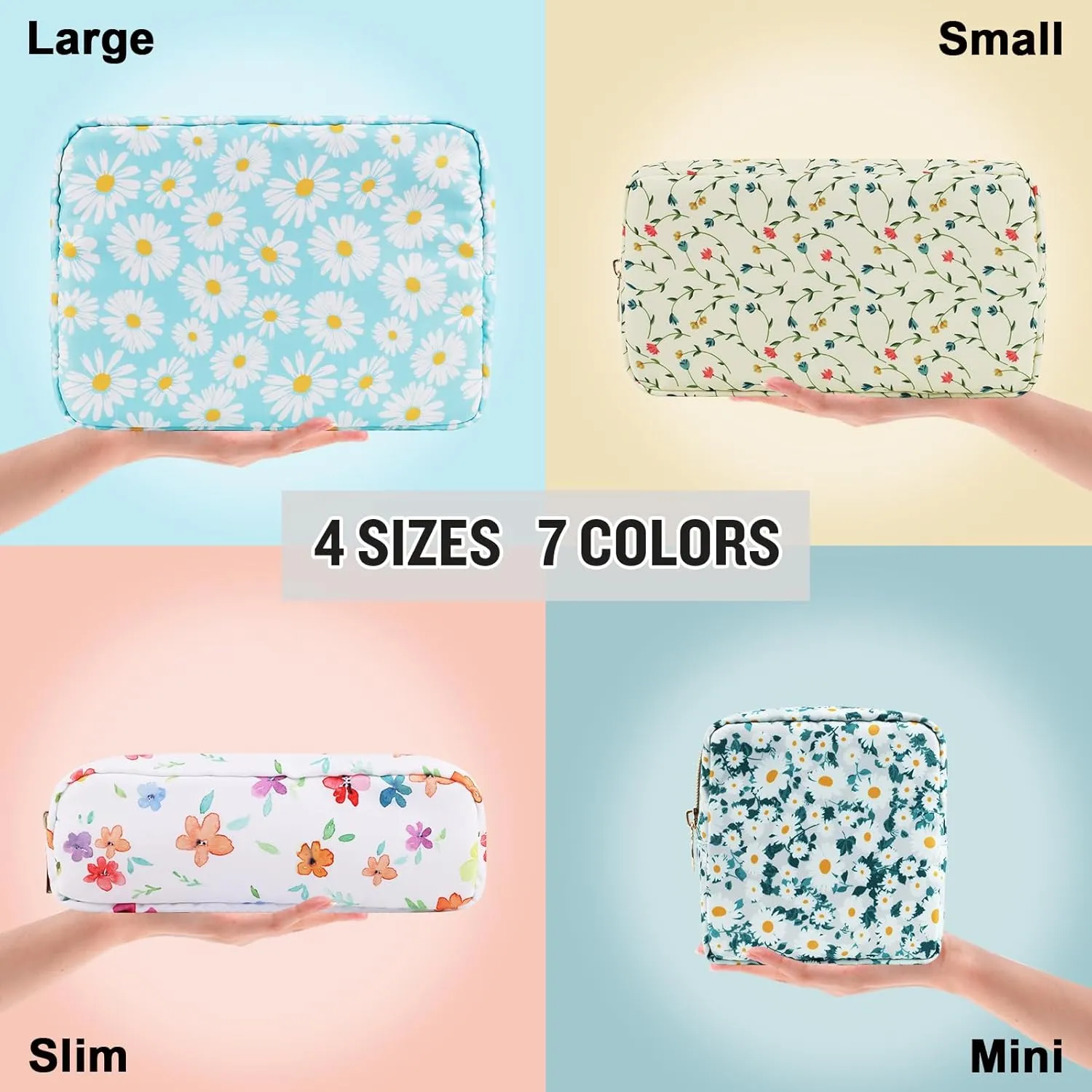 Nylon Large Floral Makeup Organizer Bag, Preppy Big Cute Flower Cosmetic Zipper Pouch Multi-compartment with Dividers, Waterproof Toiletry Make Up Brushes Bag Travel Essentials for Women(Blue-Daisy)