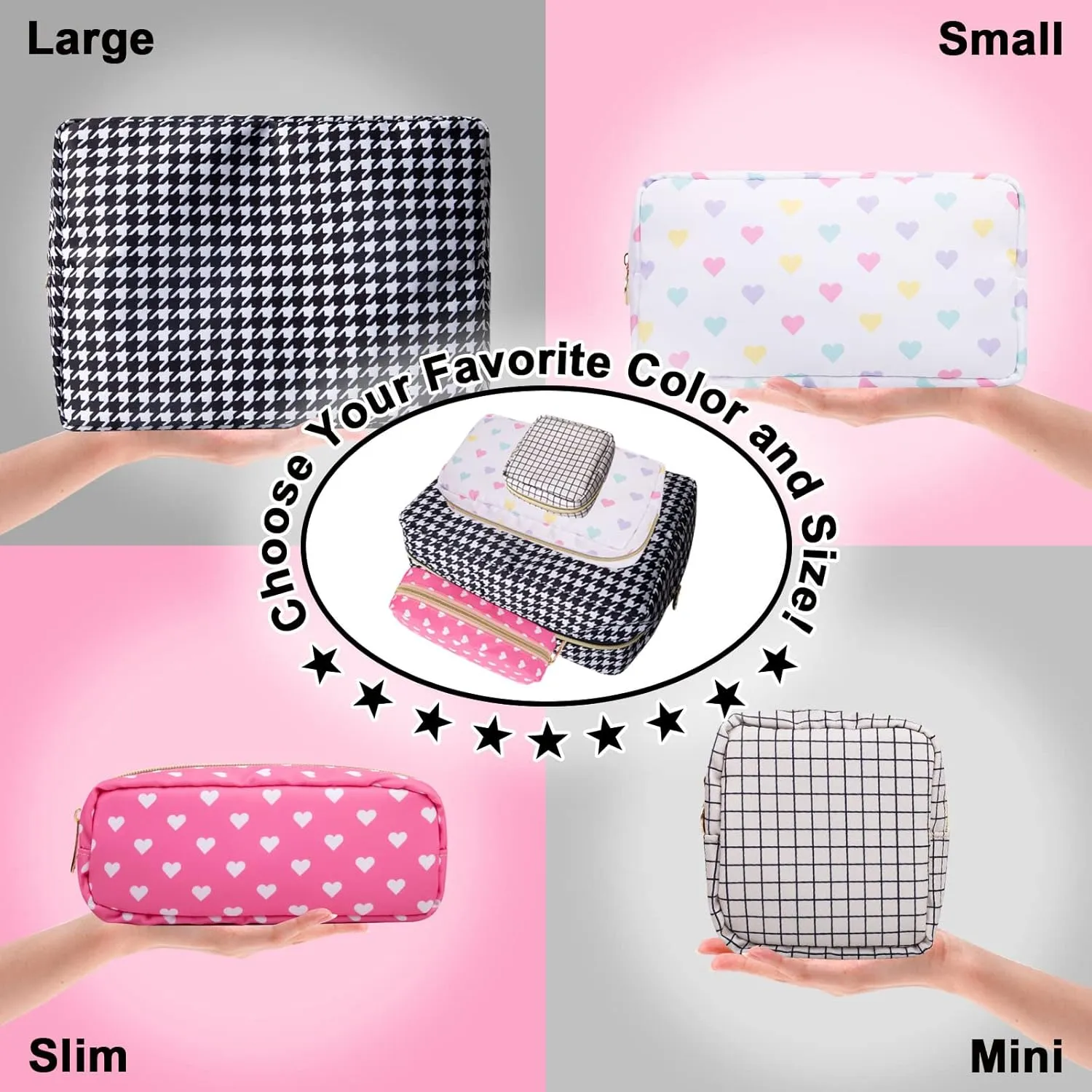 Nylon Large Makeup Bag Black Houndstooth Travel Pouch for Women, Big Preppy Makeup Bag Cute Cosmetic Zipper Pouch Purse, Waterproof Toiletry Bag Clutch Makeup Organizer for Girls(Black Houndstooth)