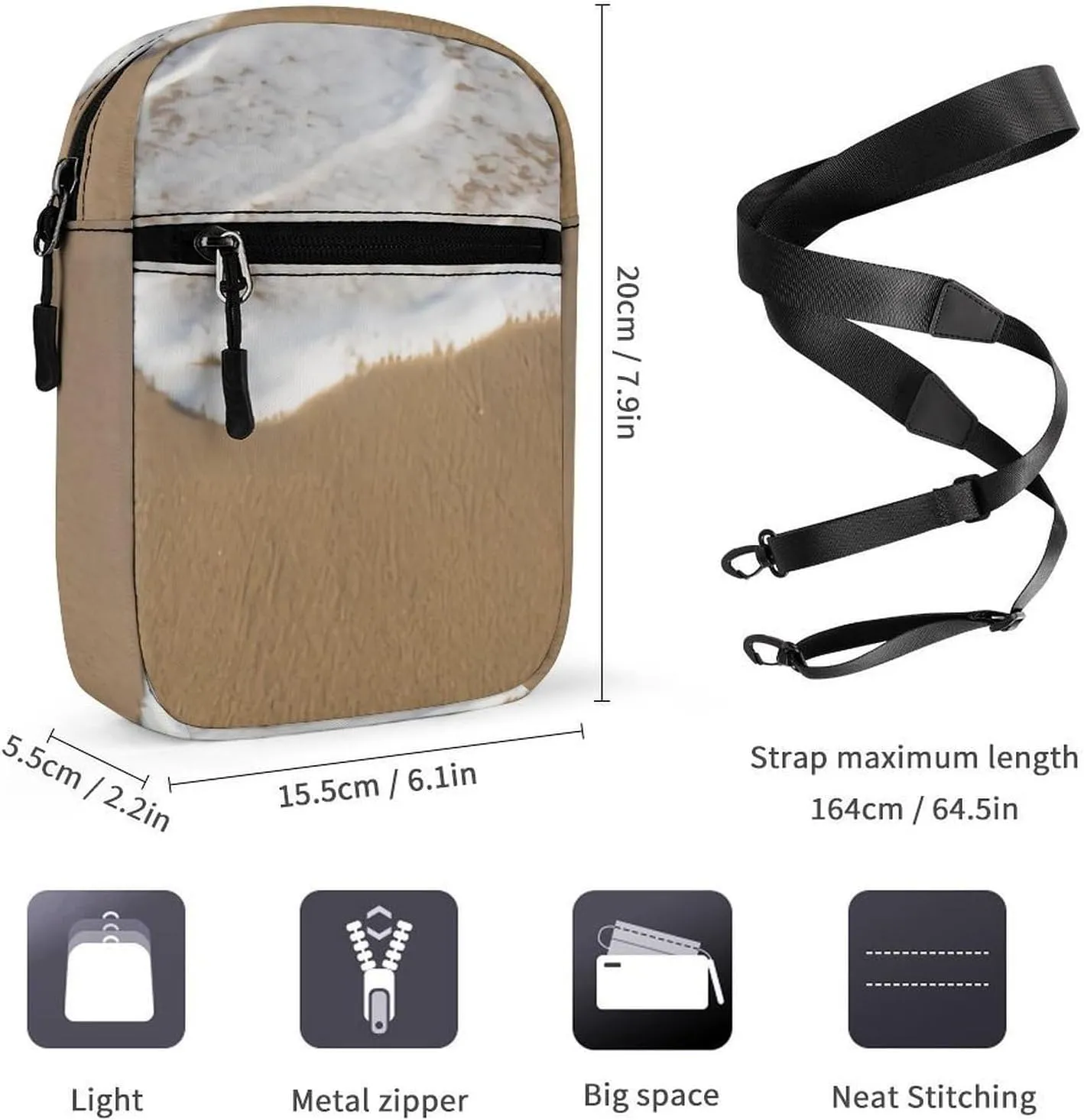 Ocean Whitewash on Beach Crossbody Bag Small Shoulder Bag Waterproof, Lightweight And Convenient