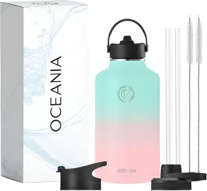 Oceania Flask Stainless Steel Water Bottles | Modern, Leakproof, Hydro BPA-Free, Insulated Water Bottle with 3 Lids, 3 Straws & 2 Straw Cleaning Brushes | Simple Camping & Hiking Water Bottles