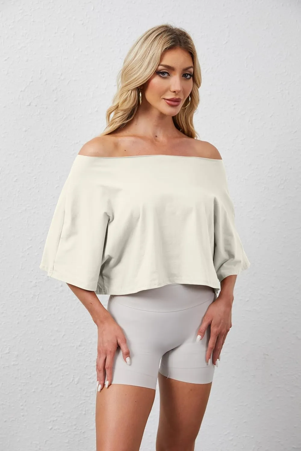 Off The Shoulder Tops Oversized Short Sleeve Crop Tee Shirt Casual Loose Workout T-Shirt 2025 Summer Fashion Clothes