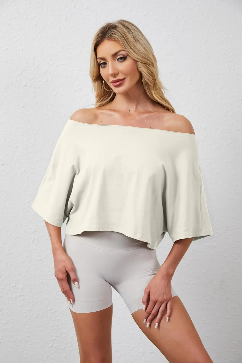 Off The Shoulder Tops Oversized Short Sleeve Crop Tee Shirt Casual Loose Workout T-Shirt 2025 Summer Fashion Clothes