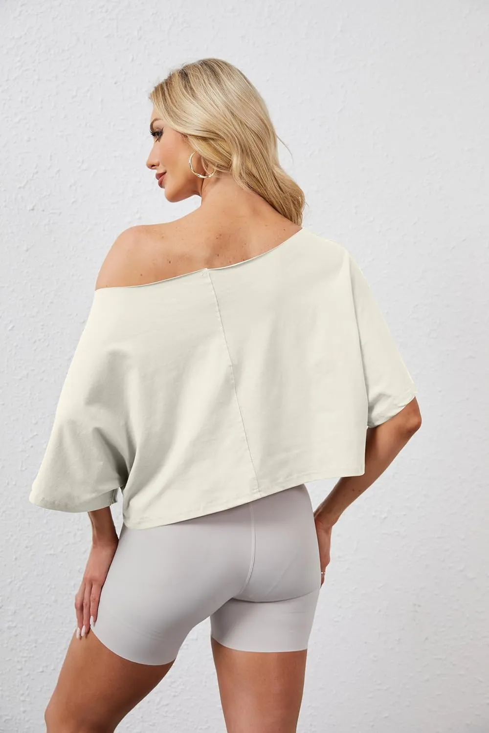 Off The Shoulder Tops Oversized Short Sleeve Crop Tee Shirt Casual Loose Workout T-Shirt 2025 Summer Fashion Clothes