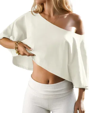 Off The Shoulder Tops Oversized Short Sleeve Crop Tee Shirt Casual Loose Workout T-Shirt 2025 Summer Fashion Clothes