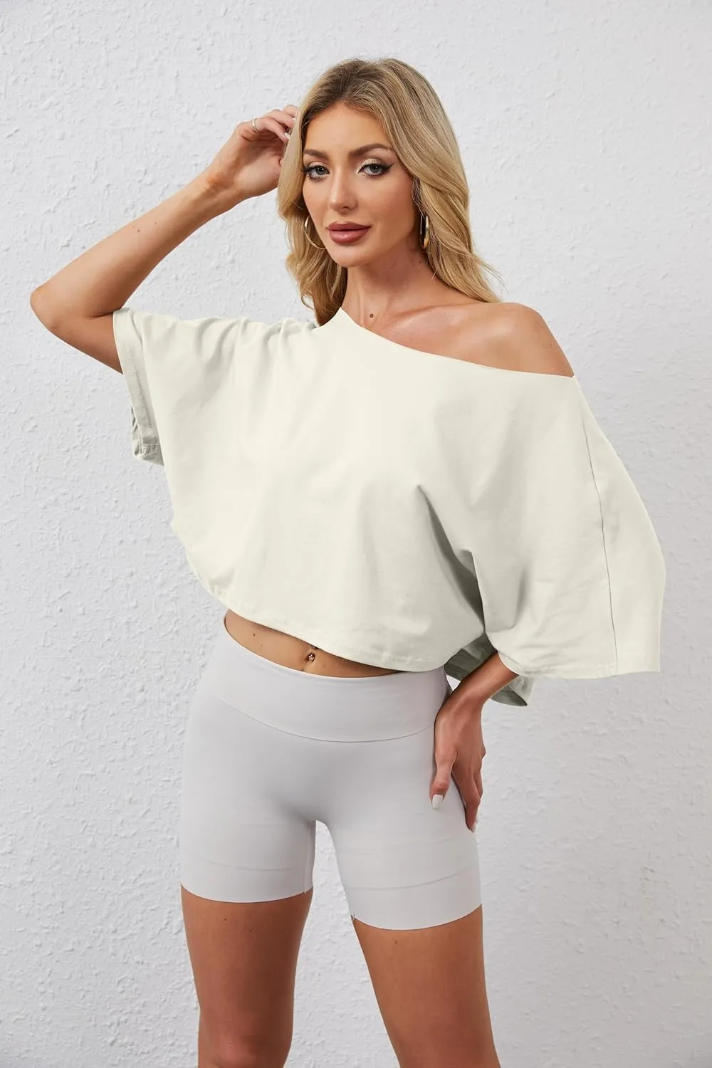 Off The Shoulder Tops Oversized Short Sleeve Crop Tee Shirt Casual Loose Workout T-Shirt 2025 Summer Fashion Clothes