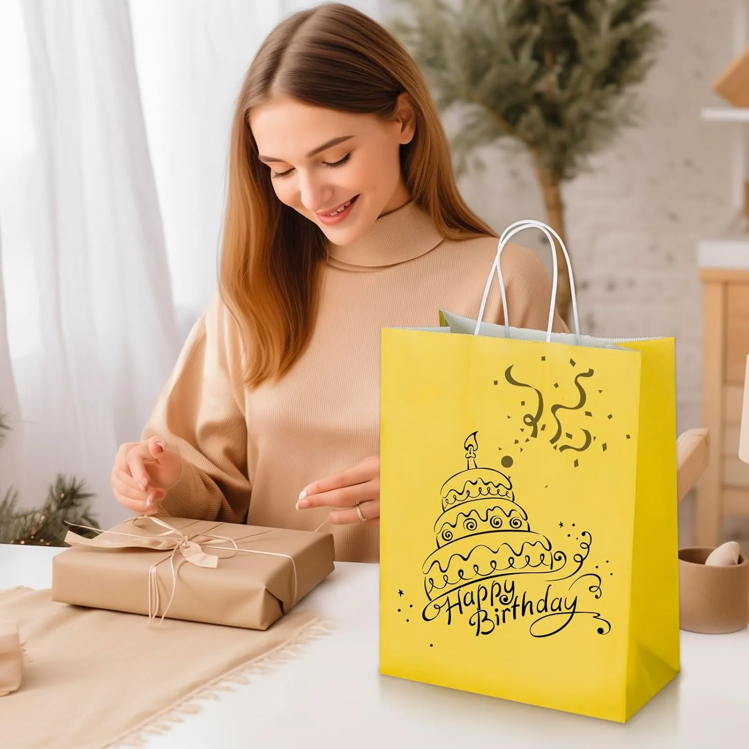 Oikss 100 Pack 10x5x13 Yellow Kraft Paper Bags with Handles Bulk for Birthday Party Favors Grocery Retail Shopping Business Goody Recycled Craft Gift Bags (Large Size, 100 Count)