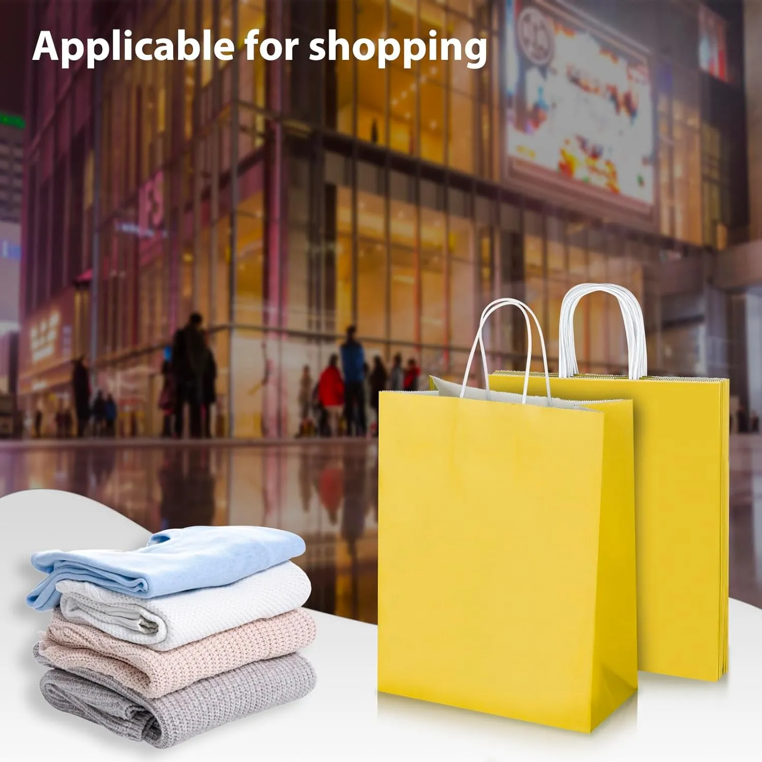Oikss 100 Pack 10x5x13 Yellow Kraft Paper Bags with Handles Bulk for Birthday Party Favors Grocery Retail Shopping Business Goody Recycled Craft Gift Bags (Large Size, 100 Count)