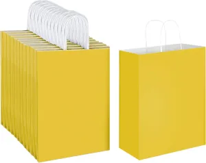 Oikss 100 Pack 10x5x13 Yellow Kraft Paper Bags with Handles Bulk for Birthday Party Favors Grocery Retail Shopping Business Goody Recycled Craft Gift Bags (Large Size, 100 Count)
