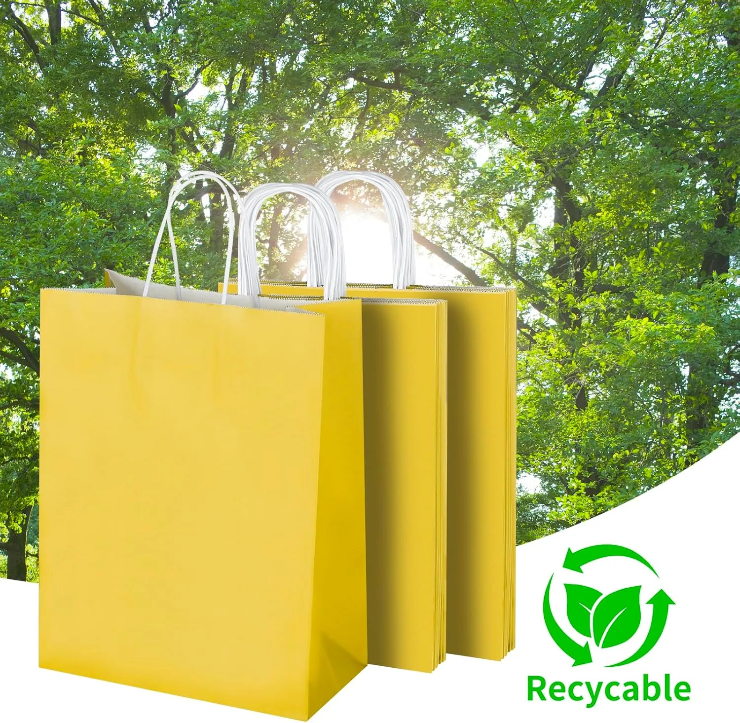 Oikss 100 Pack 10x5x13 Yellow Kraft Paper Bags with Handles Bulk for Birthday Party Favors Grocery Retail Shopping Business Goody Recycled Craft Gift Bags (Large Size, 100 Count)
