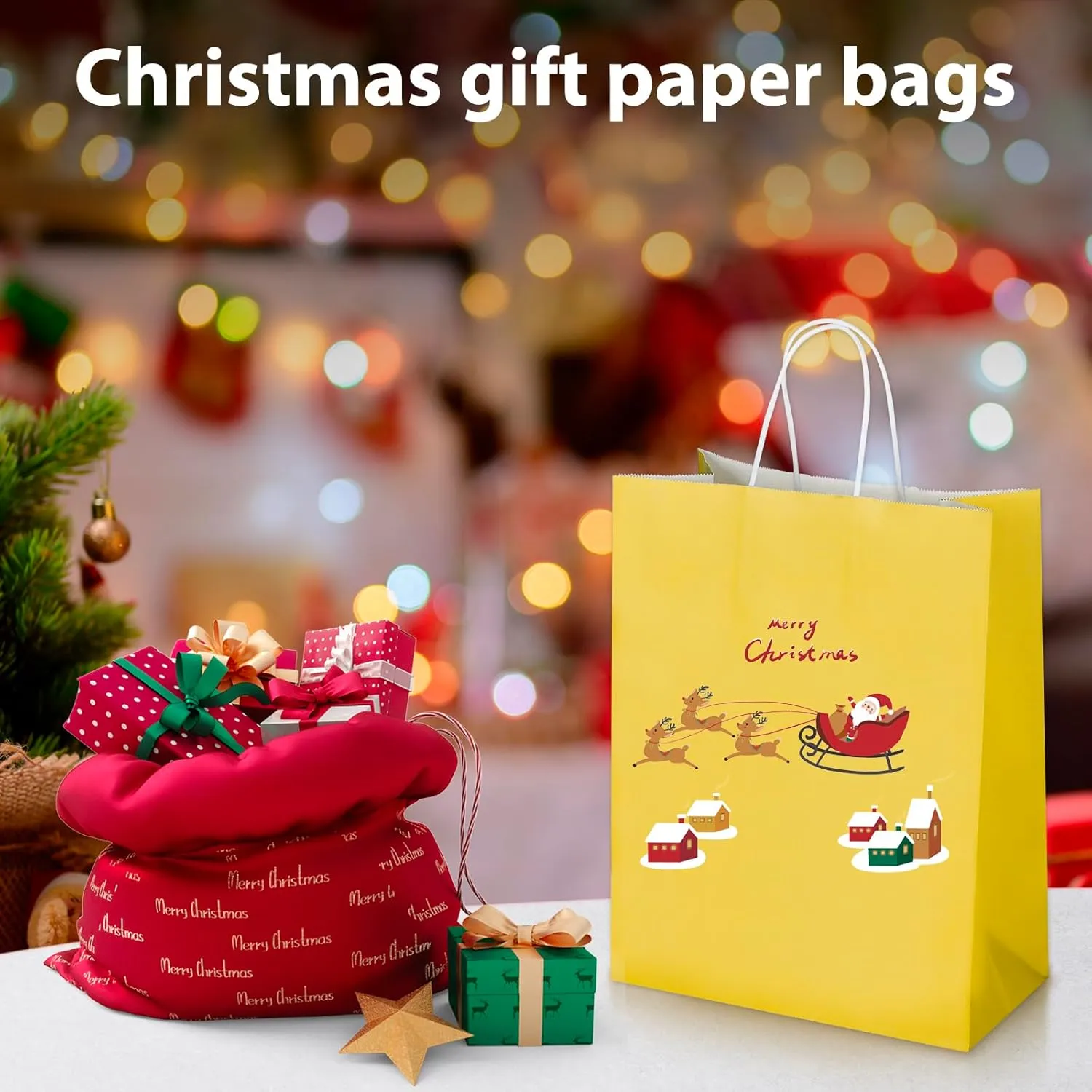 Oikss 100 Pack 10x5x13 Yellow Kraft Paper Bags with Handles Bulk for Birthday Party Favors Grocery Retail Shopping Business Goody Recycled Craft Gift Bags (Large Size, 100 Count)